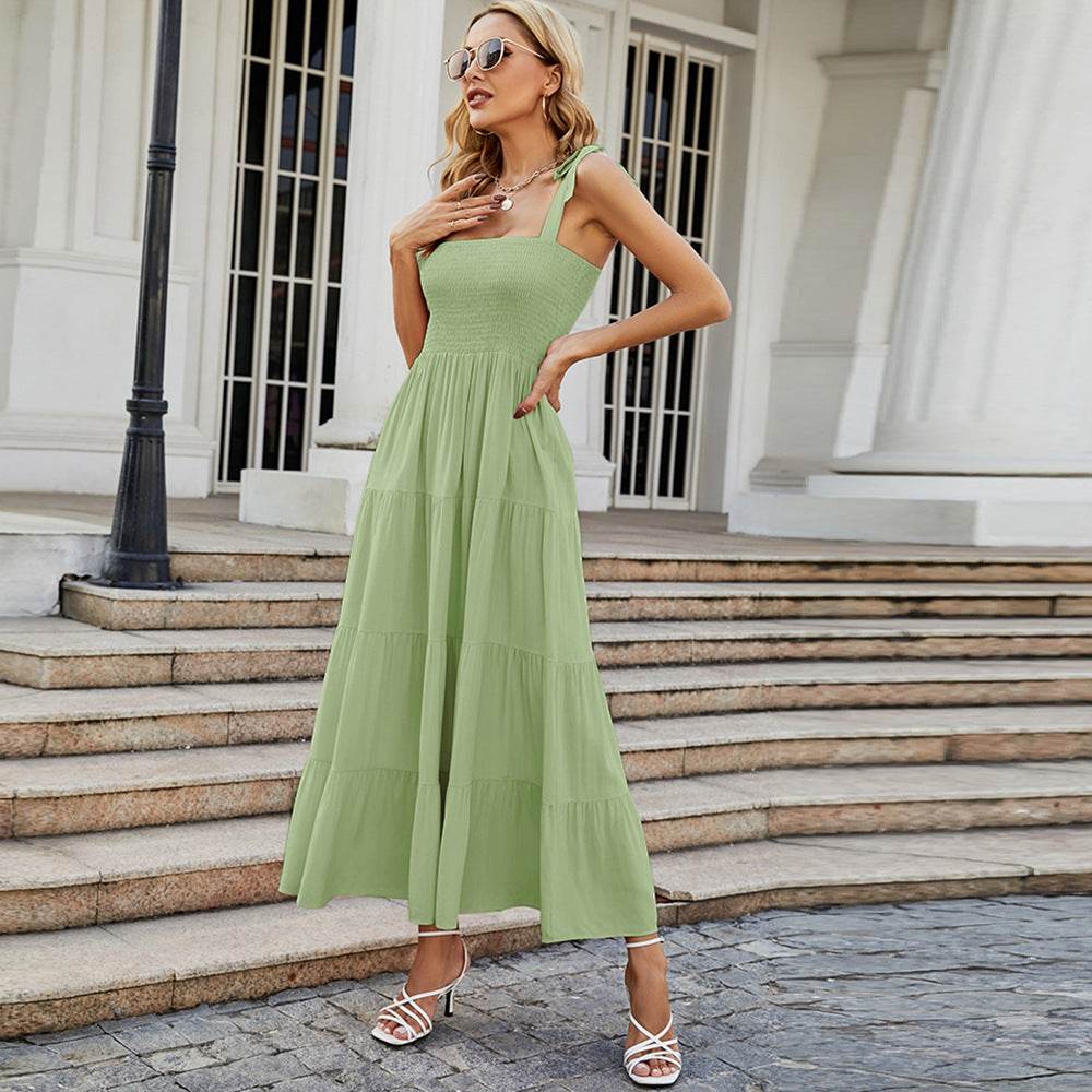 Rosa Sommerkleid Damen Maxikleid mit Bindeträgern und gesmoktem Oberteil, ärmelloses Stufenkleid für Strand und Urlaub