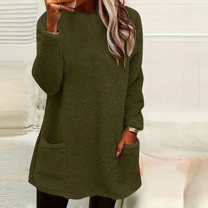 Damen Langarm Plüsch Hoodie mit hohem Kragen und Taschen für kalte Tage