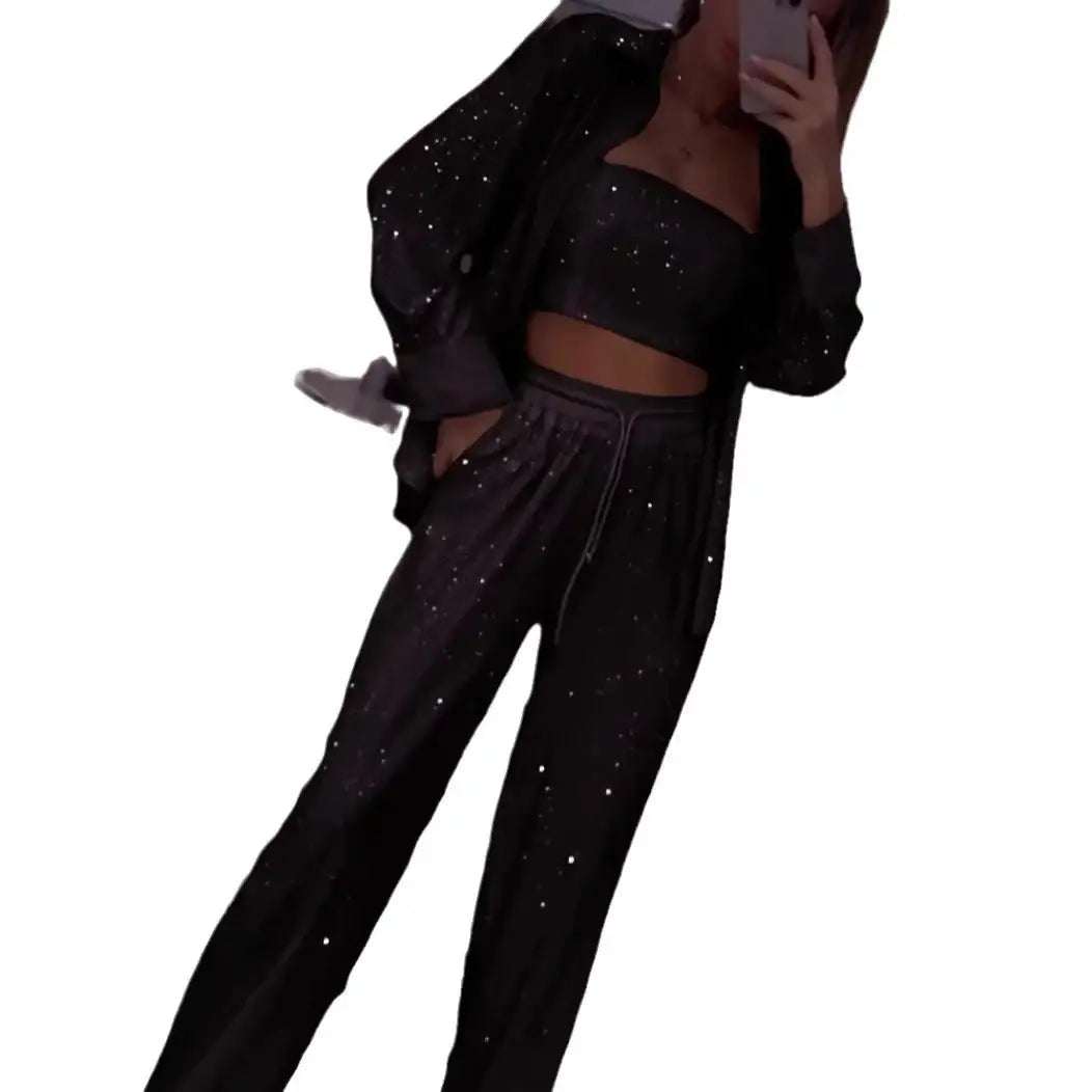 Eleganter schwarzer Pailletten-Dreiteiler Damen mit Jacke, Top und Hose für festliche Anlässe