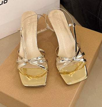 Glamouröse Damen Sandalen im Celebrity-Look mit offenem Zehenbereich und hohem Absatz in Silber, Schwarz, Apricot und Gold