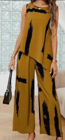 Damen Zweiteiler Set mit ärmellosem Print Top und weiter Hose, modern und luftig
