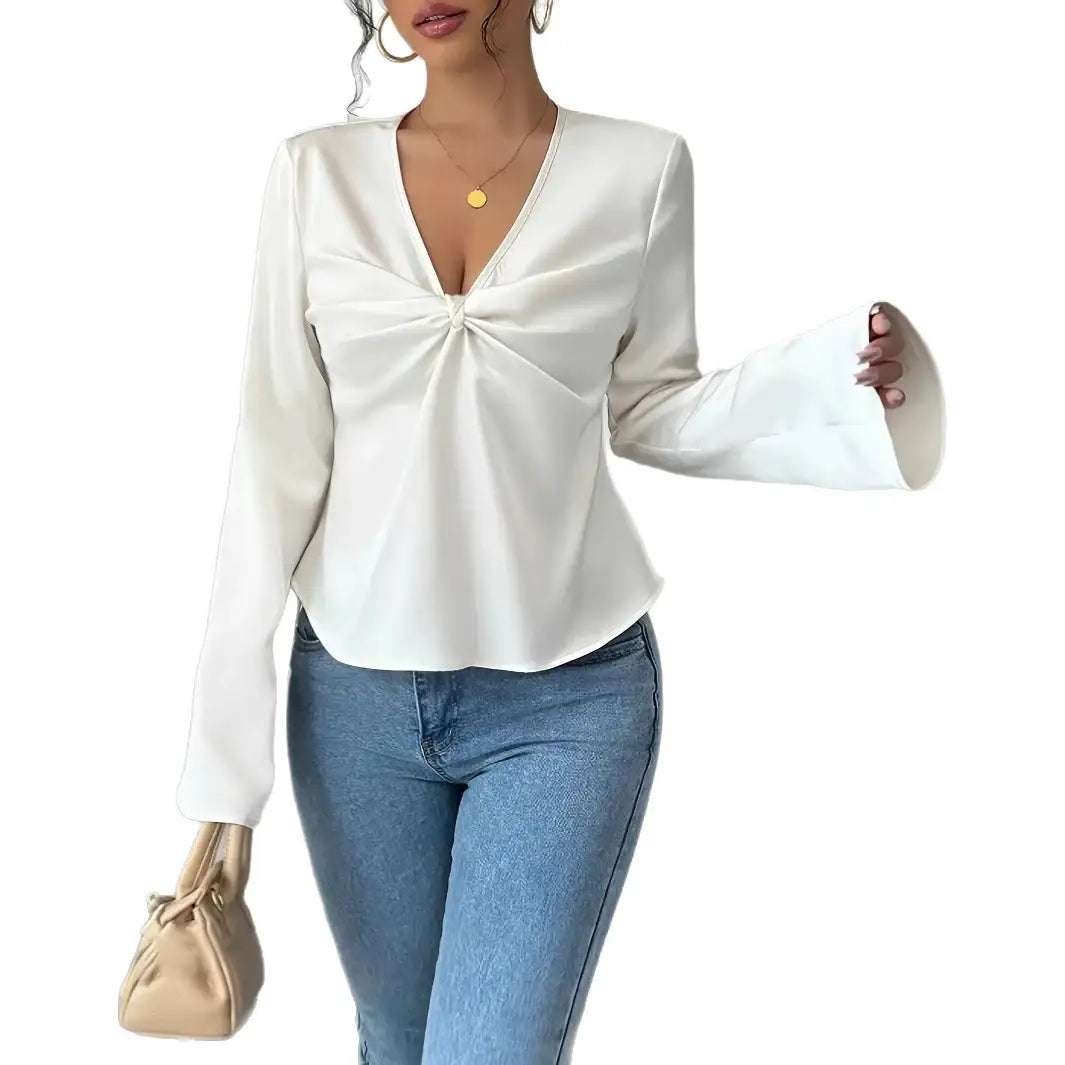 Weißes Wickelshirt mit V-Ausschnitt und Trompetenärmeln, Damenmode, IsabellBoutique030