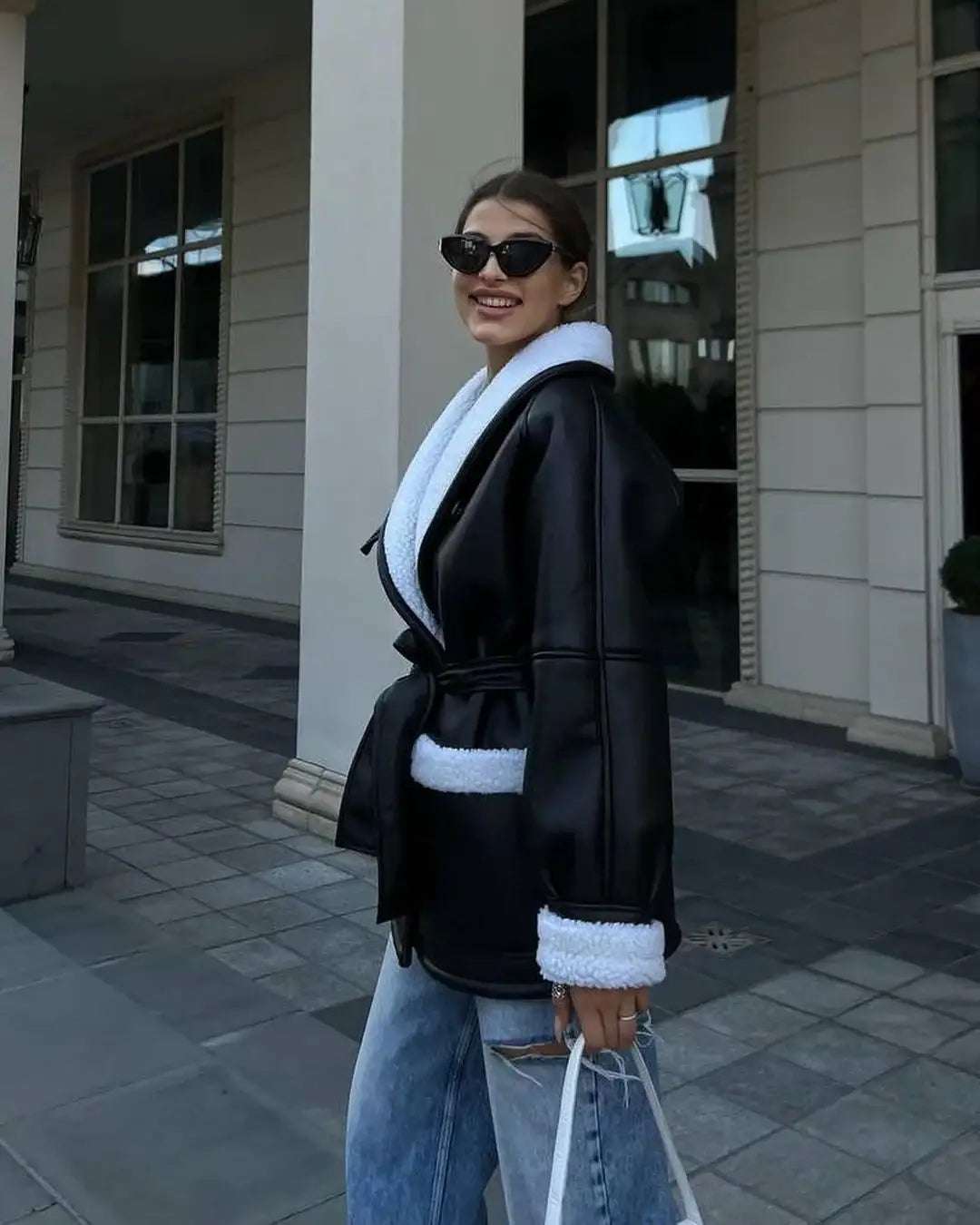 Damen Leder- und Fellmantel im türkischen Stil mit langem Ärmel und modischem Materialmix