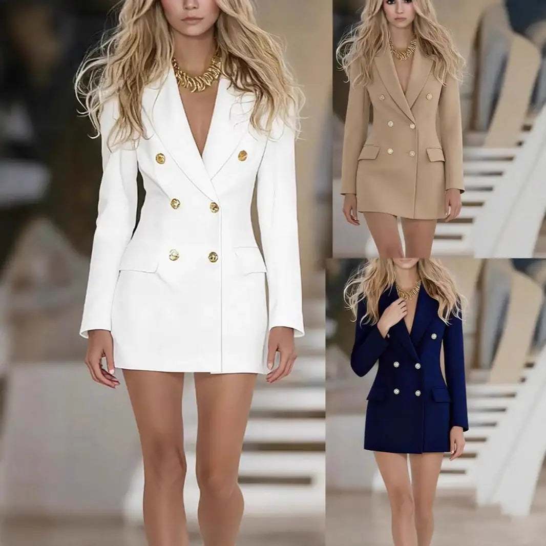 Elegantes Damenkleid mit Doppelreihe in Khaki, Business-Casual Midikleid mit femininer Silhouette