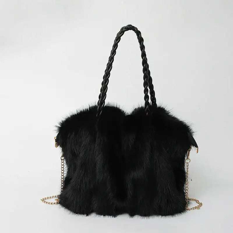 Hochwertige Plüsch Schultertasche in Kunst-Fuchsfell mit eleganter Faltenoptik