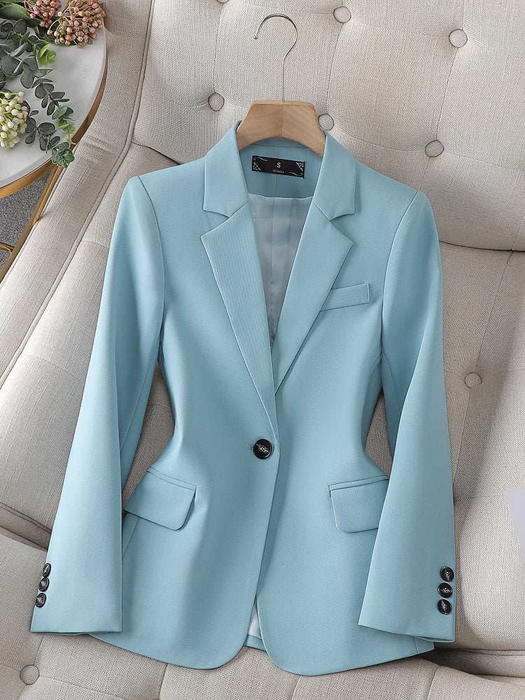 Hellblaues, figurbetontes Damen-Sakko mit einem Knopf und drei Knöpfen am Ärmel, IsabellBoutique030