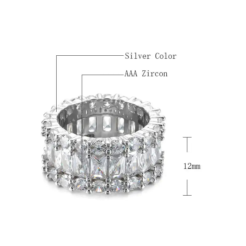 Hip-Hop Zirkonring aus Kupfer mit dreireihigem Baguette-Diamantbesatz für Damen in modernem Streetstyle