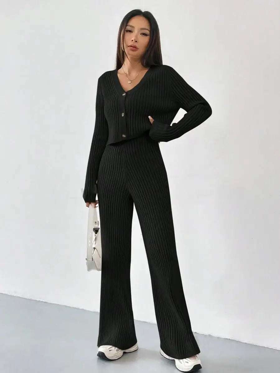 Einfarbiges Damen-Zweiteiler-Set mit V-Ausschnitt, kurzem Cardigan und Bootcut-Hose für Freizeitmode