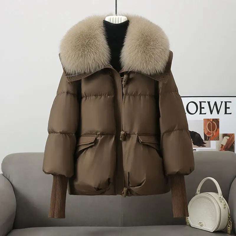 Damen Winter-Steppjacke mit Fellkragen, kurz, warm und dick gefüttert in Braun