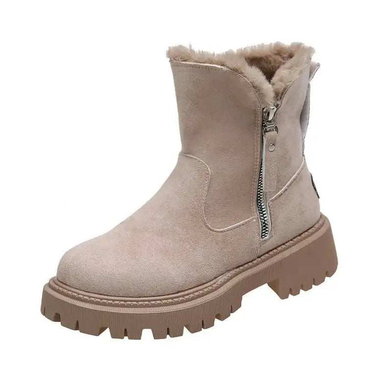 Warme Damen-Schneestiefel mit faltbarem Plüschschaft, Plateau-Sohle und rundem Zehenbereich in Khaki