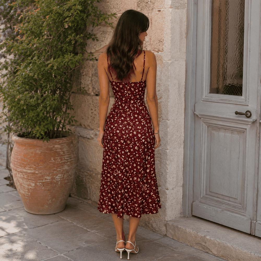 Damen Midi Kleid Bordeaux mit Blumenmuster, Spaghetti-Trägern und seitlichem Beinschlitz