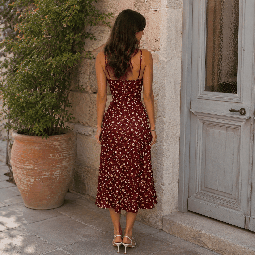 Damen Midi Kleid Bordeaux mit Blumenmuster, Spaghetti-Trägern und seitlichem Beinschlitz