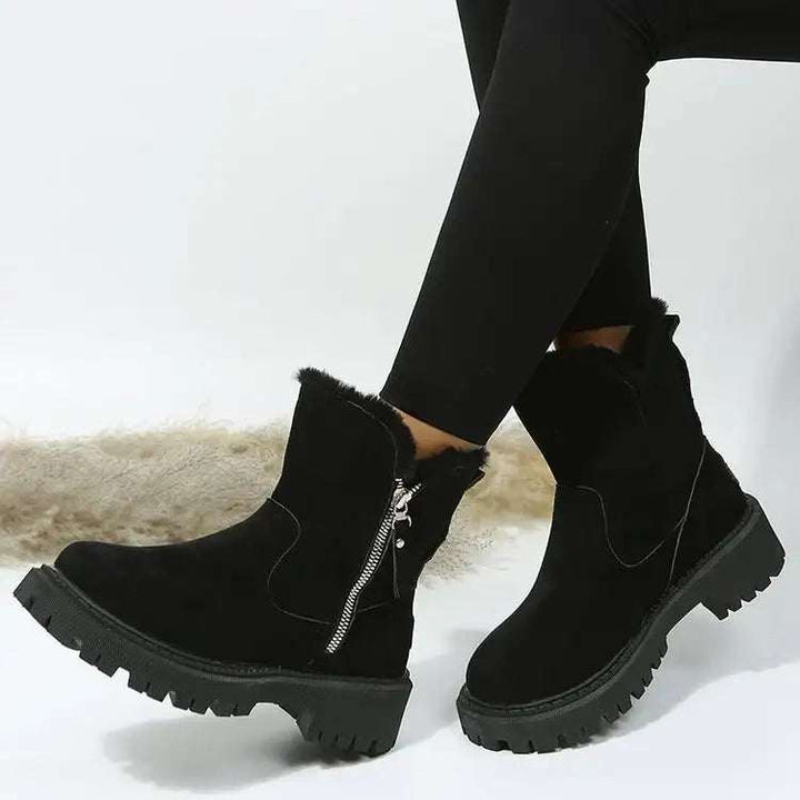 Warme Damen-Schneestiefel mit faltbarem Plüschschaft und Plateau-Sohle in Khaki