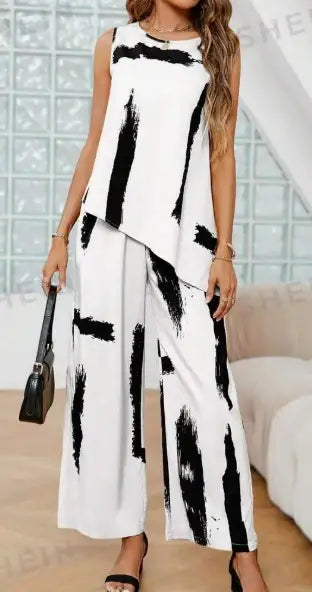 Damen Zweiteiler Set mit ärmellosem Print Top und weiter Hose für eleganten Look