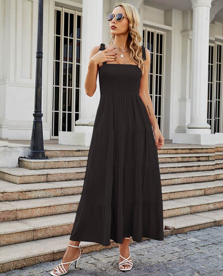 Rosa ärmelloses Sommerkleid Damen Maxikleid mit Bindeträgern und gesmoktem Oberteil