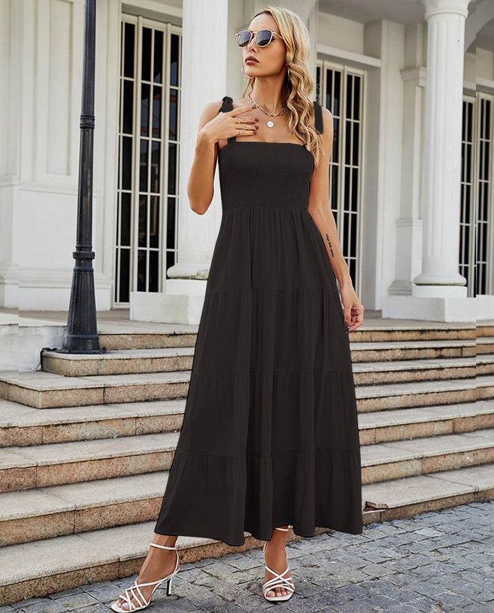 Rosa ärmelloses Sommerkleid Damen Maxikleid mit Bindeträgern und gesmoktem Oberteil