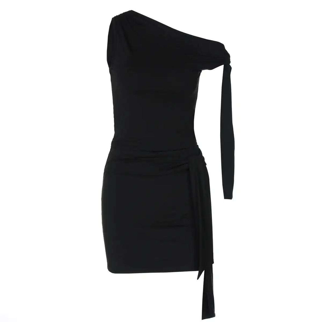 Schwarzes asymmetrisches Minikleid mit Raffung an der Seite und Schleife IsabellBoutique030