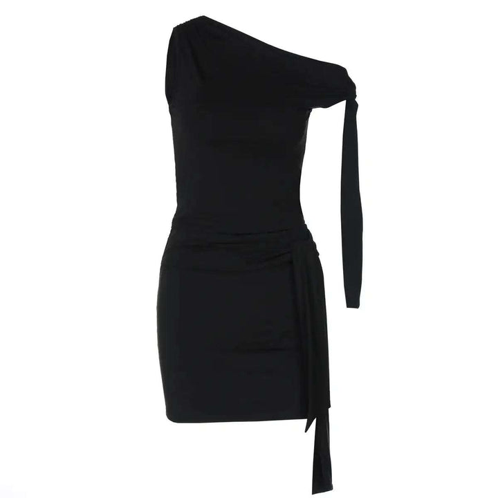 Schwarzes asymmetrisches Minikleid mit Raffung an der Seite und Schleife IsabellBoutique030