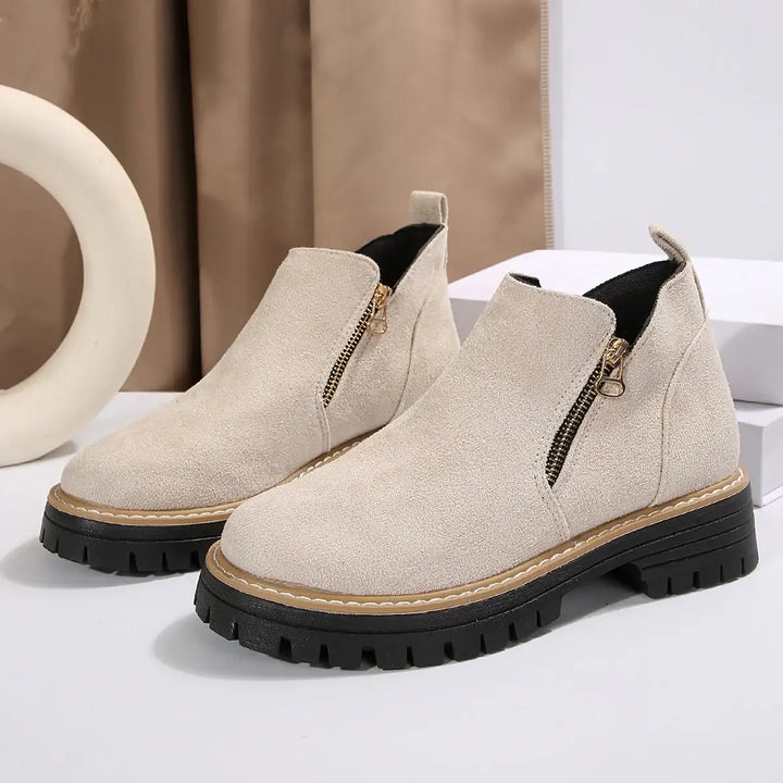 Damen Chunky Ankle Schuhe in Wildleder-Optik mit Reißverschluss und Blockabsatz für Herbst und Winter