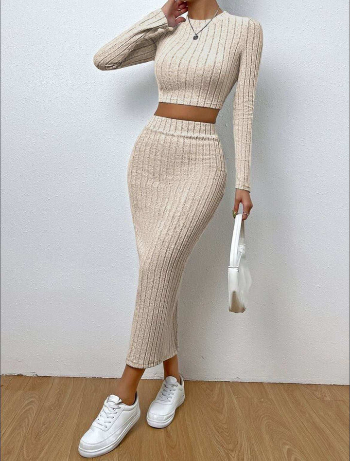 Gerafftes Strick-Zweiteiler Set Damen langarm Crop Top Midi-Maxi-Rock Casual Chic Street Style