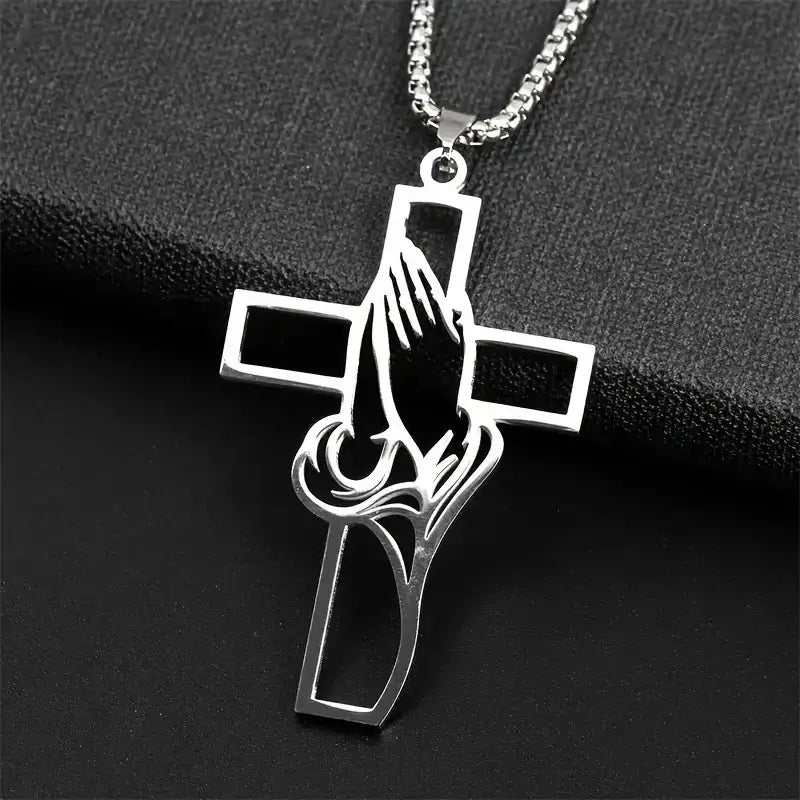 Moderne Kreuz-Halskette aus Edelstahl mit poliertem Linien-Design und Perlenkette, langlebig und unisex