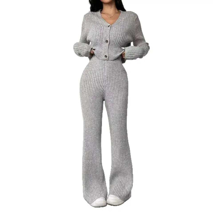 Einfarbiges Damen-Zweiteiler-Set mit V-Ausschnitt, kurzem Cardigan und Bootcut-Hose