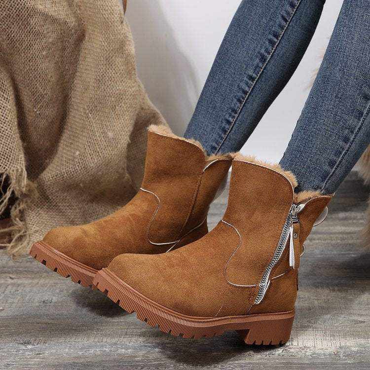 Warme Damen-Schneestiefel mit faltbarem Plüschschaft und Plateau-Sohle in Khaki