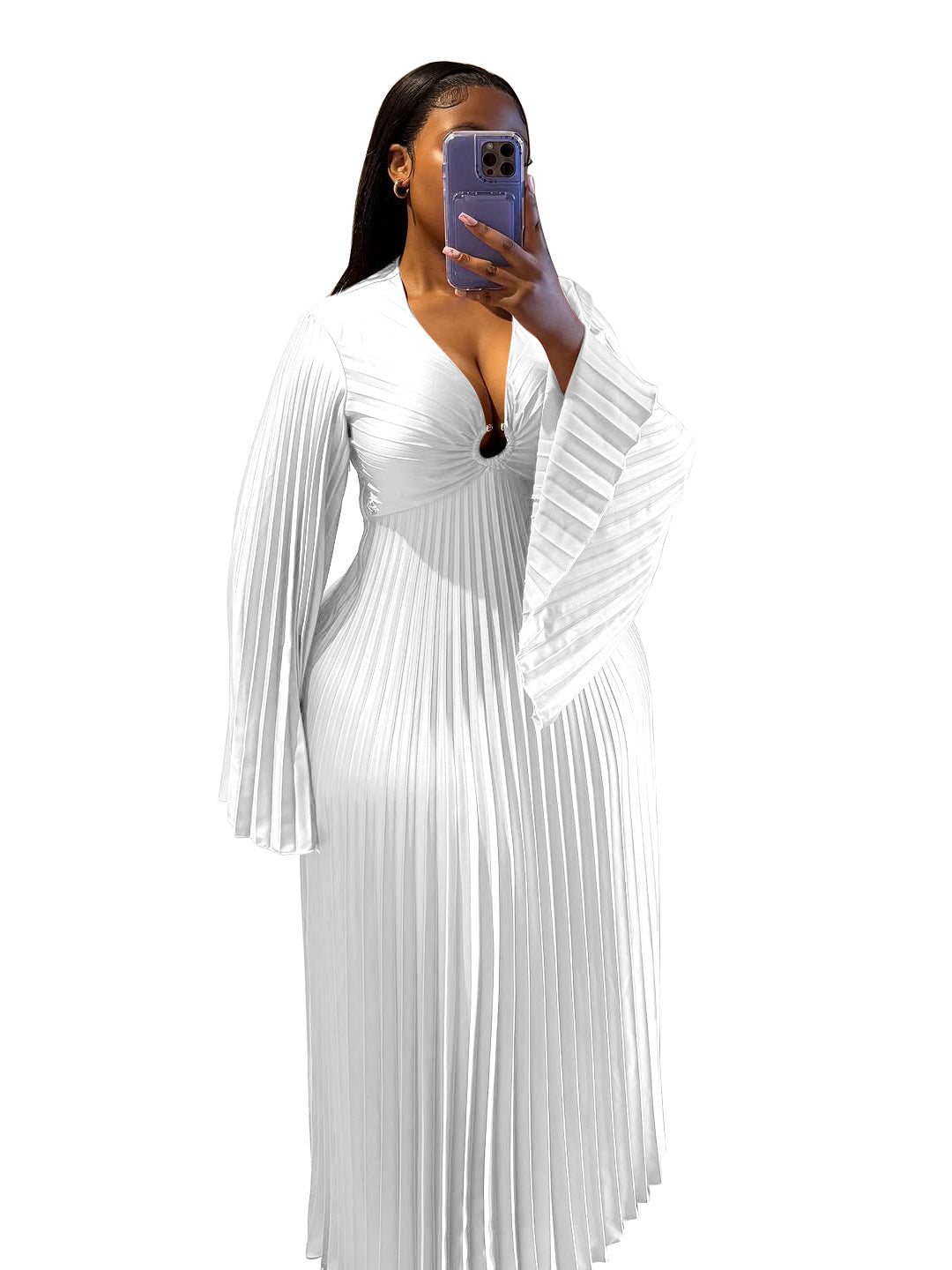 Weißes Faltenkleid mit tiefem V-Ausschnitt und Glockenärmeln, IsabellBoutique030