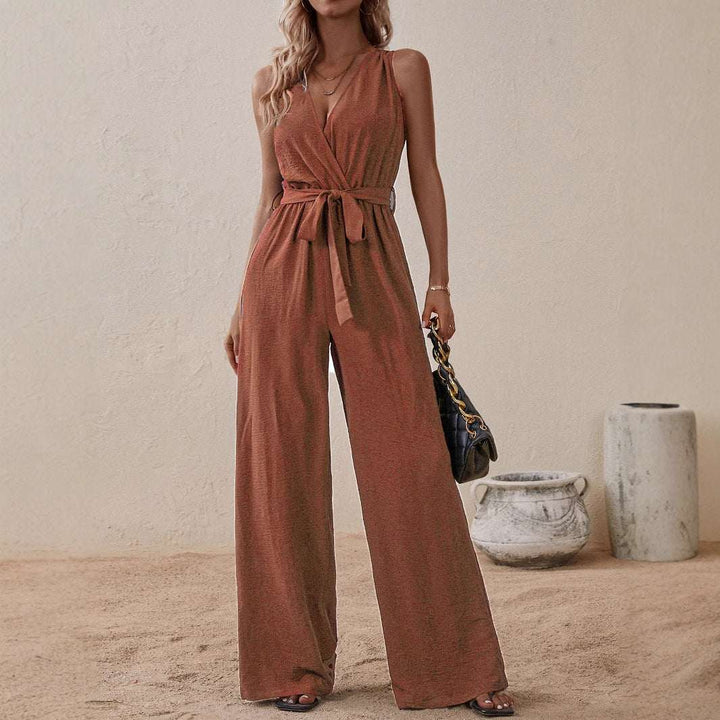 Ärmelloser Damen Jumpsuit aus Ice-Silk mit V-Ausschnitt, elegant und leicht für warme Tage