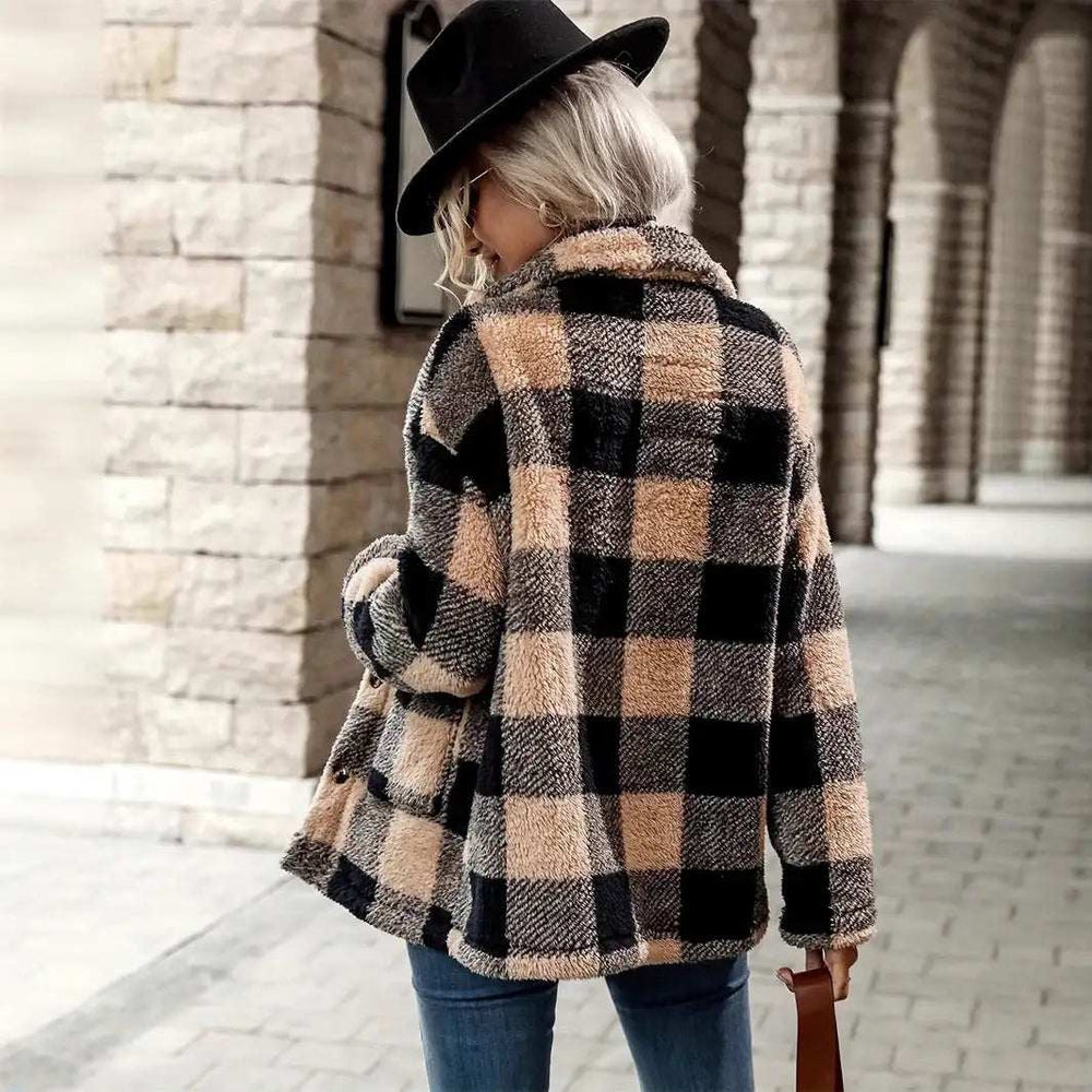 Damen Flanelljacke mit Karomuster in Beige und Schwarz, lässiger Stil, IsabellBoutique030