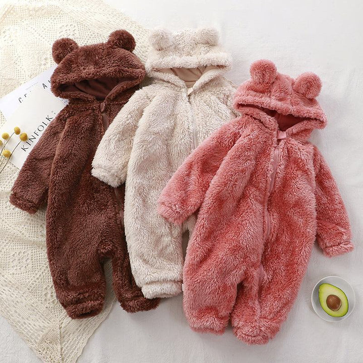 Weicher Baby Winter Plüsch-Overall mit Kapuze und Bärenohren, kuscheliger Einteiler für Herbst und Winter