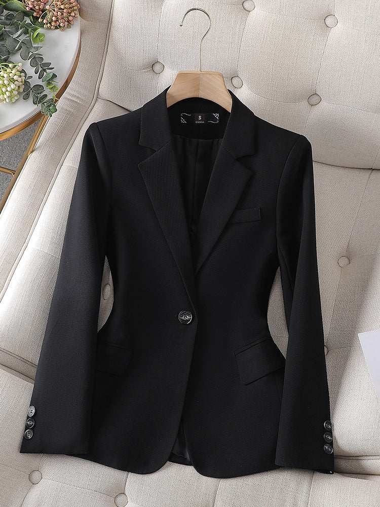 Schwarzer Damen-Sakko mit einem Knopf und schmalen Revers, Knopfleiste am Ärmel, IsabellBoutique030
