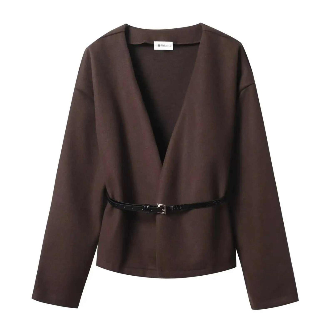 Damen V-Neck Top locker geschnitten in Schwarz mit Gürtel und Patchwork-Design, langärmlig, mittellang aus Polyester
