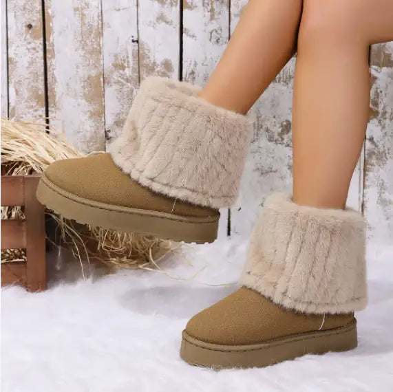 Herbst- und Winter-Freizeitstiefel Damen mit dicker Sohle, rundem Zehenbereich und warmem Fellfutter in Wildlederoptik