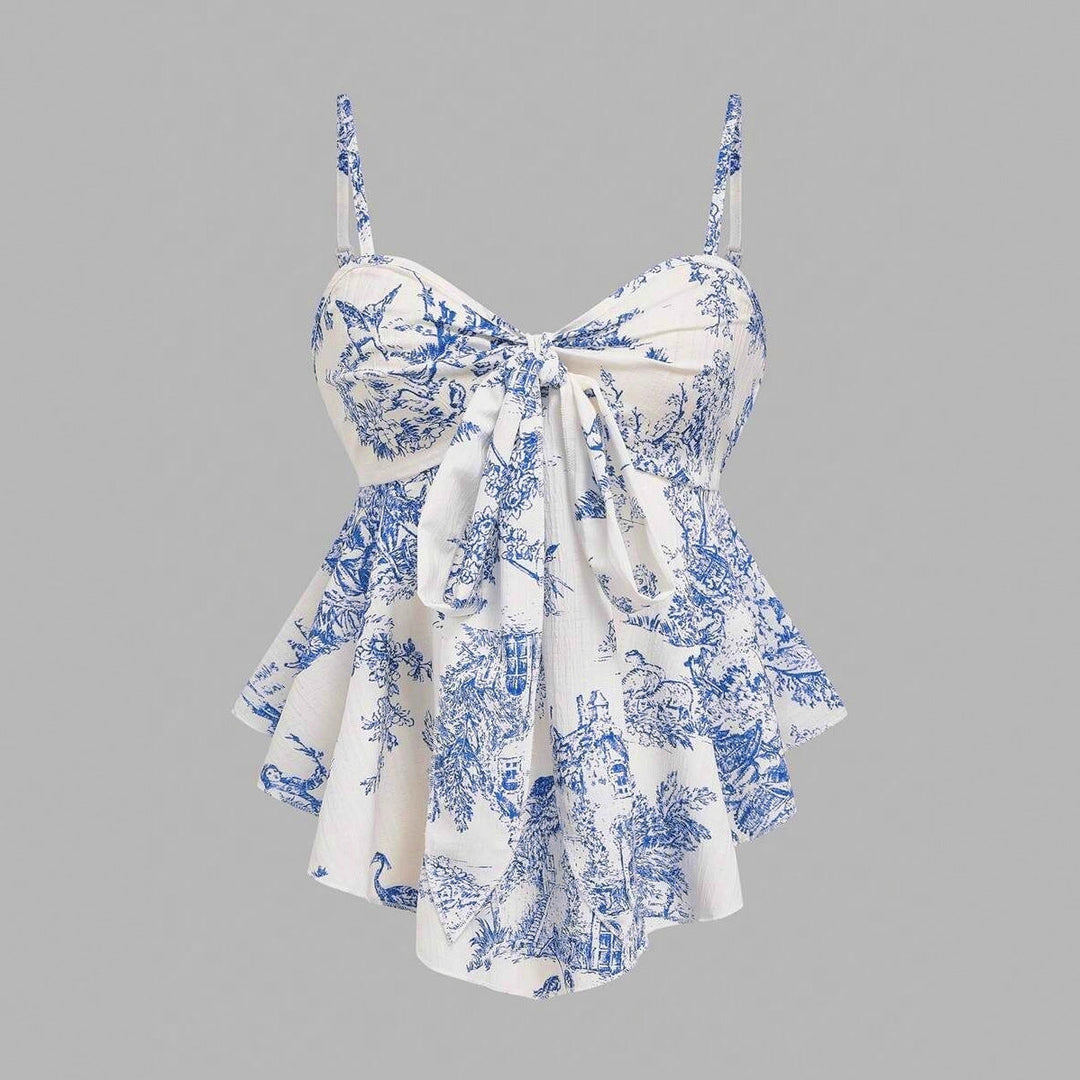 Blaues ärmelloses bedrucktes Damen Top mit asymmetrischem Saum und lockerem Schnitt