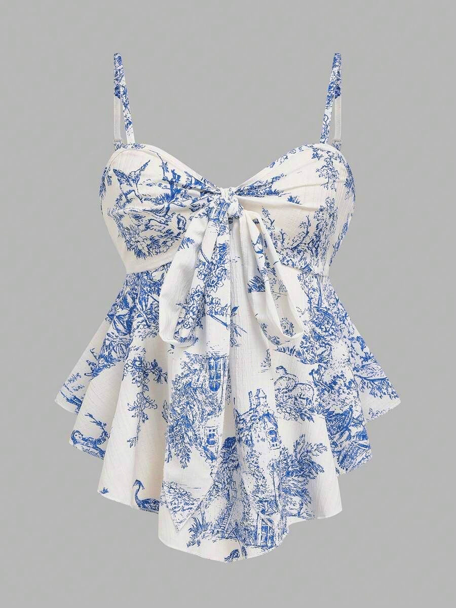Bedrucktes ärmelloses Damen Top mit asymmetrischem Saum in Blau