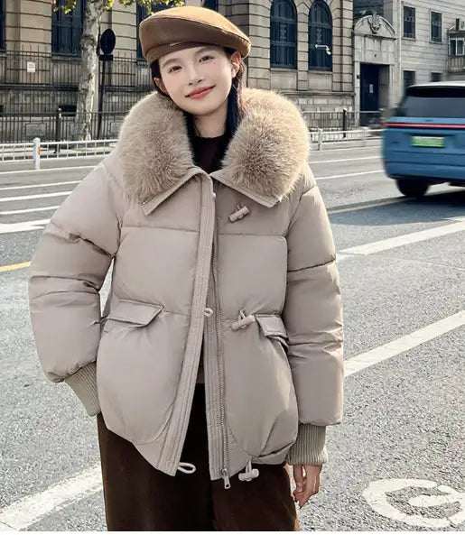 Damen Winter-Steppjacke mit Fellkragen, kurz, dick gefüttert, brown, eleganter Komfort gegen Kälte