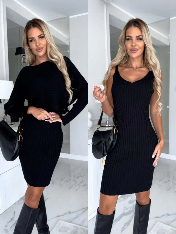 Zwei figurbetonte Strickkleider in Schwarz, eines mit Langarm, das andere ärmellos. Beide Kleider sind knielang und werden mit hohen schwarzen Stiefeln und einer Satteltasche kombiniert. IsabellBoutique030