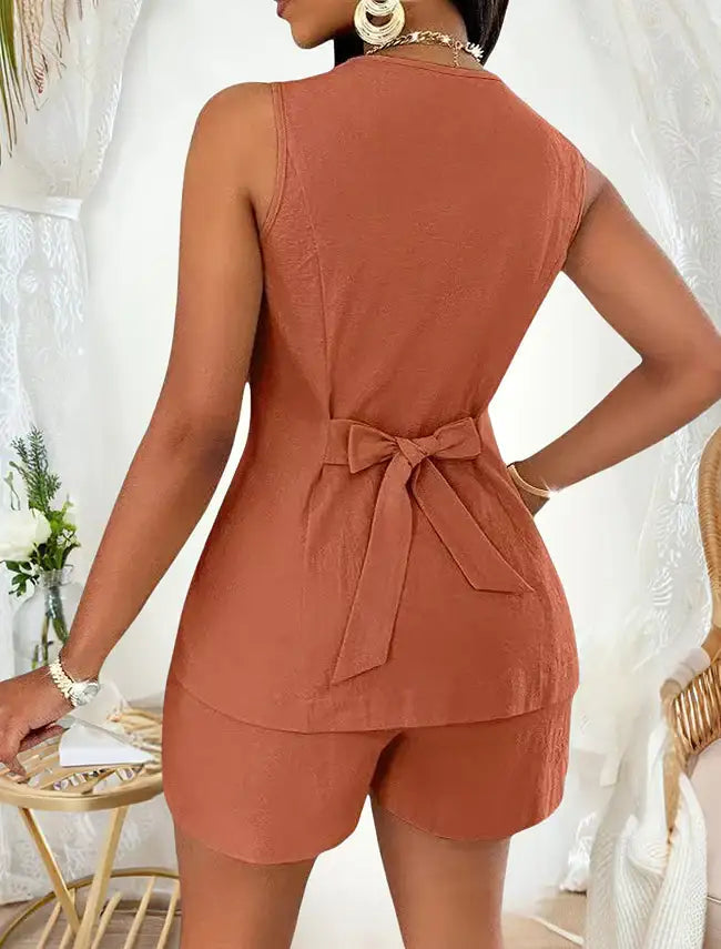 Modische Damenbluse kurze Ärmel mit Schnürdetail aus Baumwolle und Leinen in verschiedenen Farben