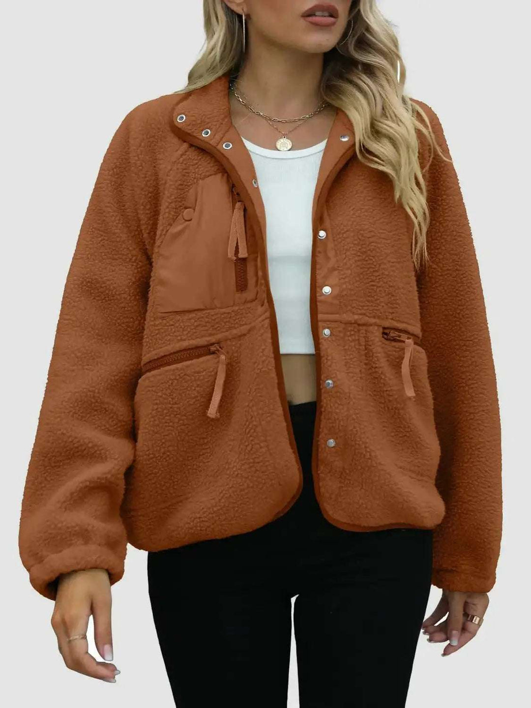 Kurze Plüsch-Cardigan-Jacke aus weicher Lammwolle in modernem Casual-Stil