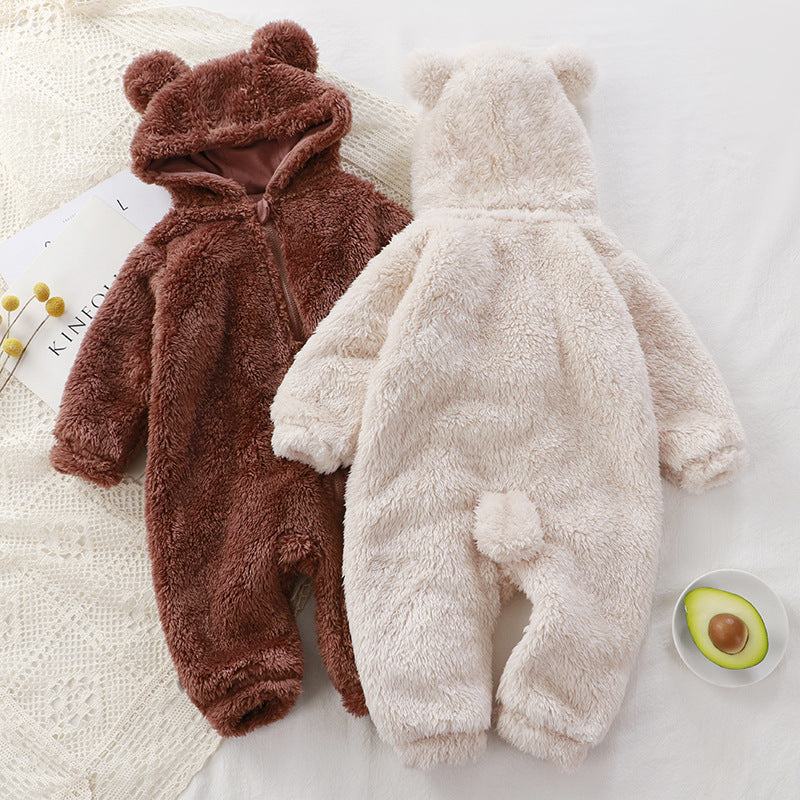 Weicher Baby Winter Plüsch-Overall mit Kapuze und Bärenohren in Braun