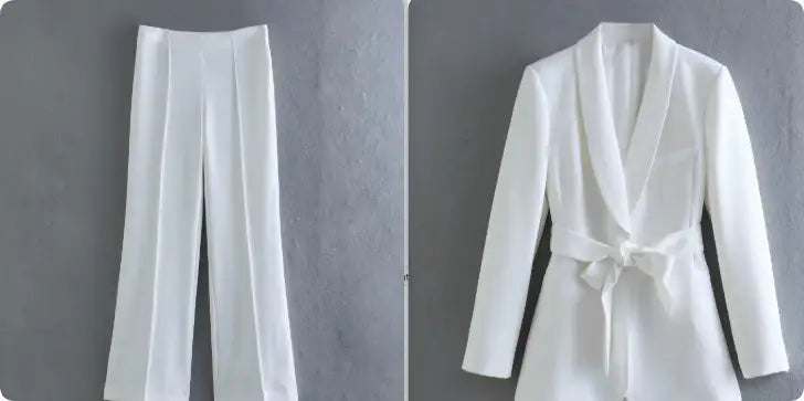 Eleganter Damen Casual-Anzug mit Gürtel, Blazer und Hose in modernem Stil