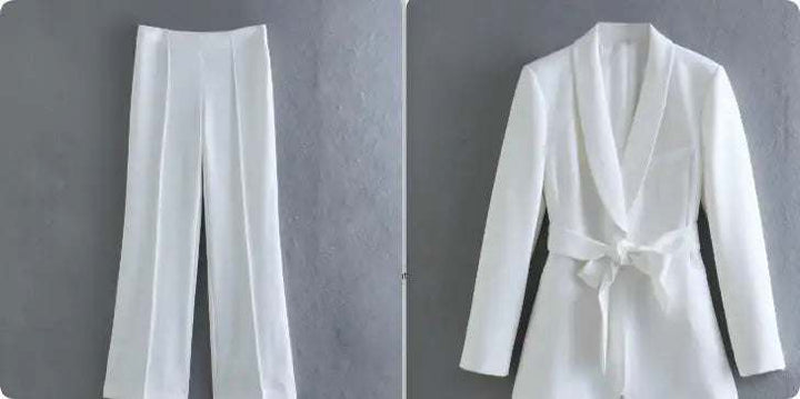 Eleganter Damen Casual-Anzug mit Gürtel, Blazer und Hose in modernem Stil