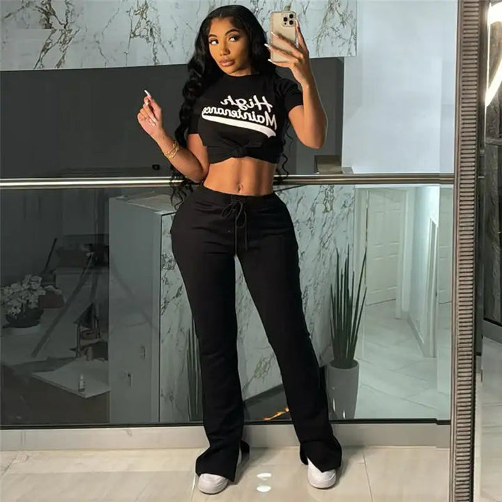 Lässiger Digitaldruck Slim-Fit bauchfreier Damen-Hosenanzug mit Schriftzug in Grün und Schwarz