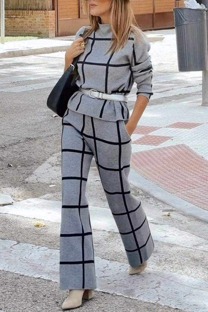 Damen Rollkragen Langarm Kariertes Print-Hosenanzug Set - Damenmode online kaufen | Isabell Boutique