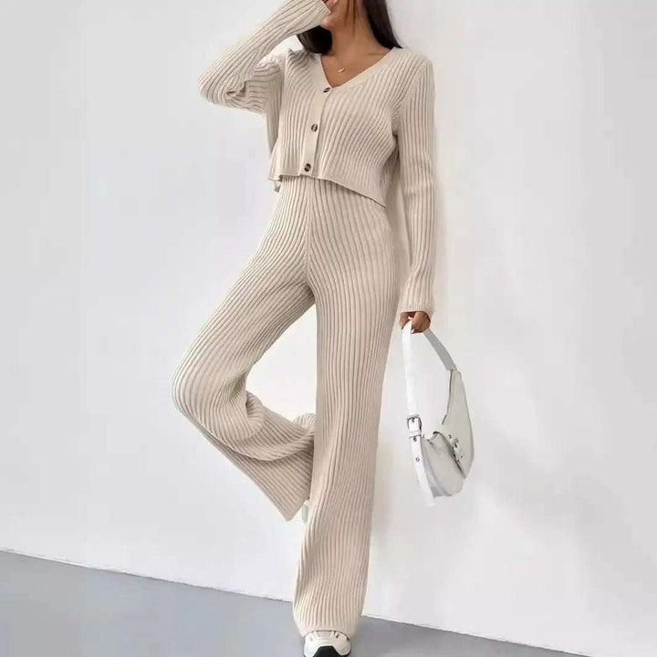 Einfarbiges Damen-Zweiteiler-Set mit V-Ausschnitt, kurzem Cardigan und Bootcut-Hose in Freizeitmode