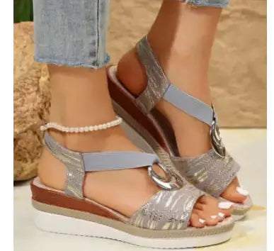 Damen Plateau-Keilsandalen im Römischen Stil mit glitzerndem Paillettenstoff und Peep-Toe
