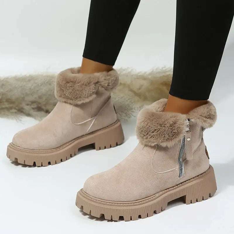 Warme Damen-Schneestiefel mit faltbarem Plüschschaft und Plateau-Sohle in Khaki