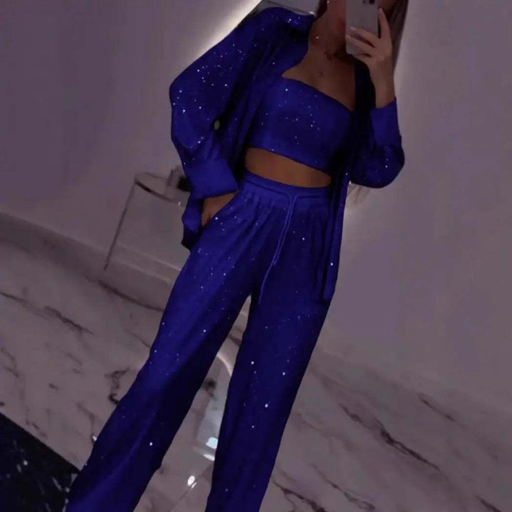 Schwarzer Pailletten-Dreiteiler Damen mit Jacke, Top und Hose für festliche Anlässe