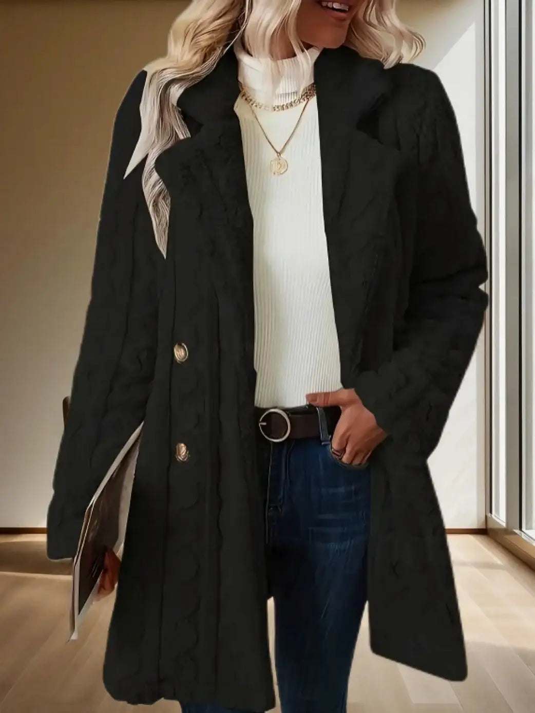 Schwarzer Strickmantel mit Zopfmuster, zweireihig, mit goldenen Knöpfen, getragen über weißem Rolli und Jeans. IsabellBoutique030
